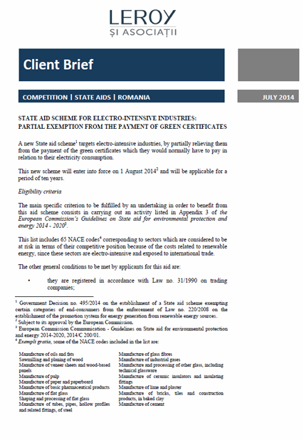 State Aid Scheme for Electro-intensive Industries: Partial Exemption from the Payment of Green Certificates