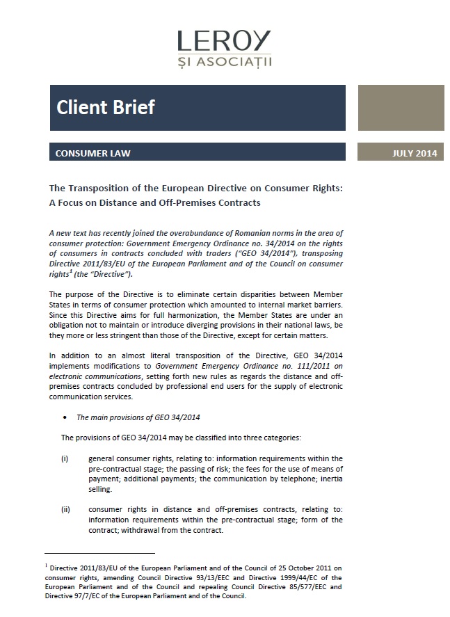 Transpunerea Directivei privind drepturile consumatorilor: în prim plan, contractele la distanţă şi contractele în afara spaţiilor comerciale