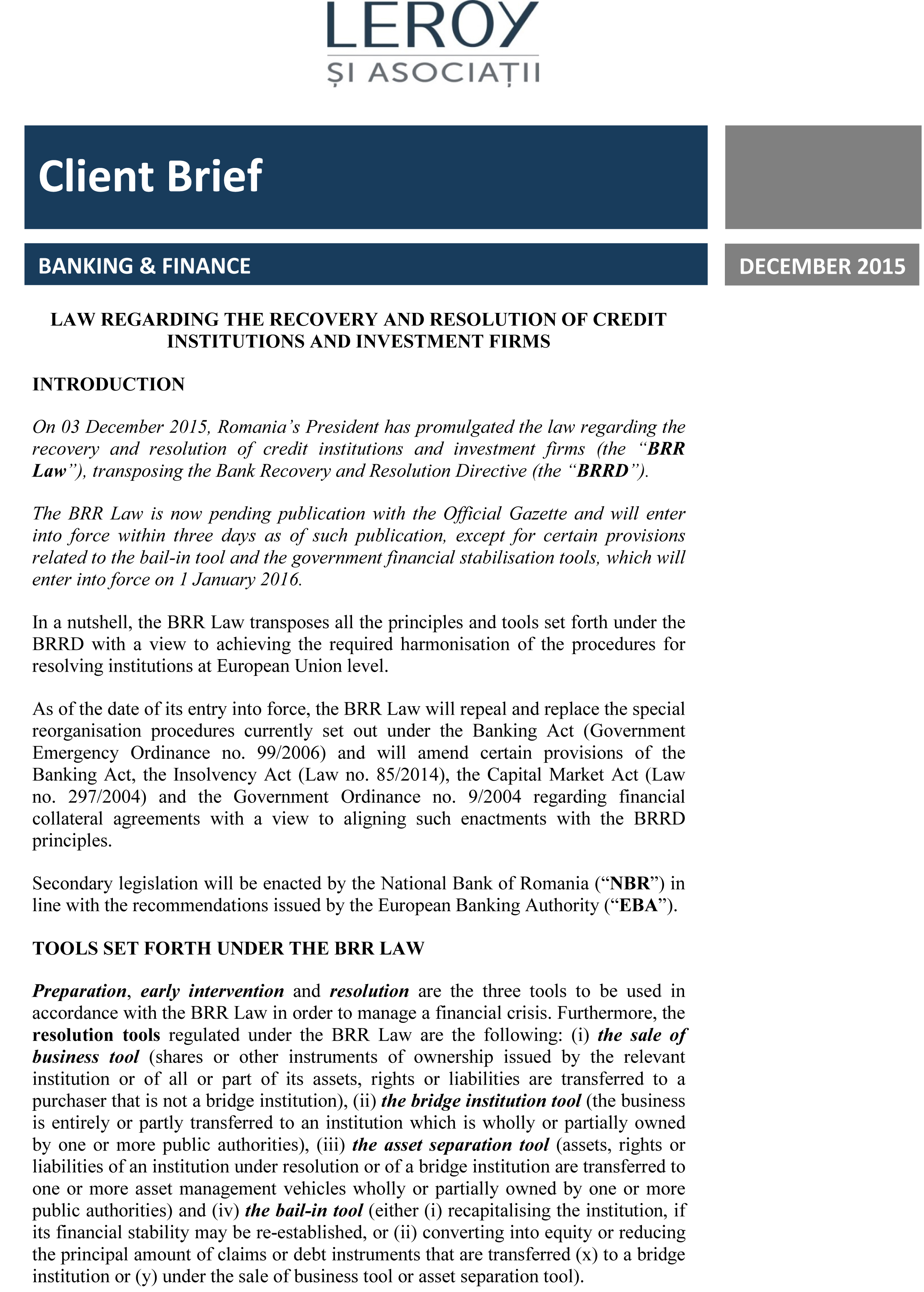 Law regarding the recovery and resolution of credit institutions and investment firms