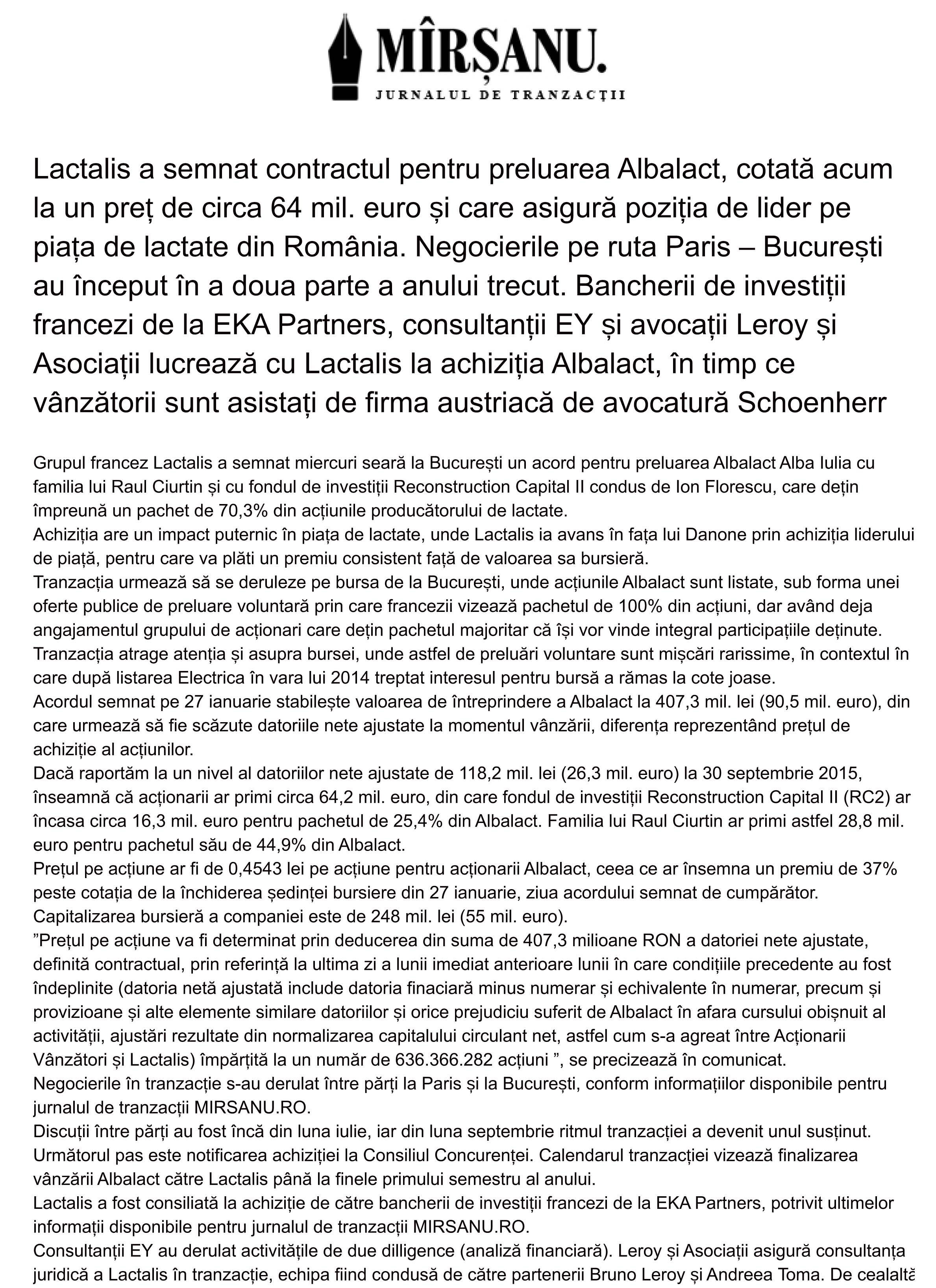 Lactalis a semnat contractul pentru preluarea Albalact cotată acum la un preț de circa 64 mil euro