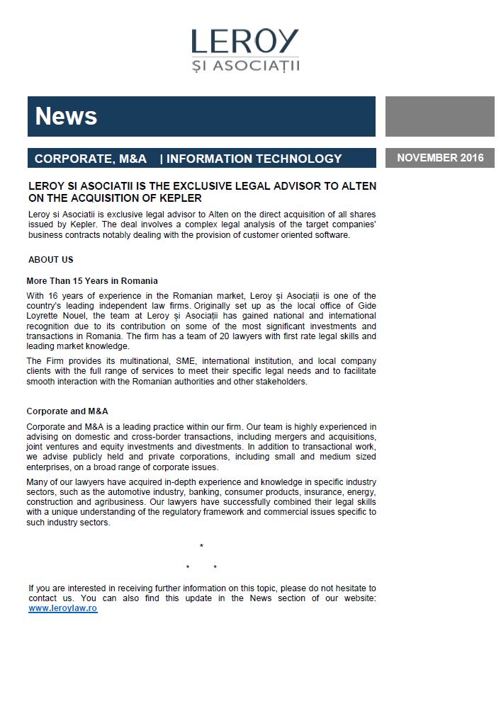 Societatea de avocați Leroy și Asociații asistă compania ALTEN în tranzacția având ca obiect achiziția KEPLER