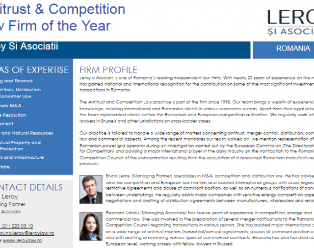 Lawyer Monthly – Legal Awards 2016: Leroy şi Asociatii a fost desemnată “Casa de Avocatură a anului în materie de Dreptul Concurenţei ” de către publicaţia internaţională Lawyer Monthly.
