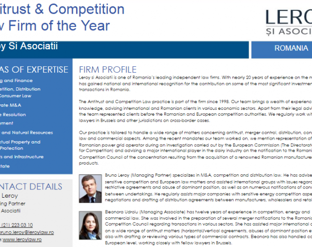 Lawyer Monthly – Legal Awards 2016: Leroy şi Asociatii was awarded the “Antitrust & Competition Law Firm of the Year” title by the international publication Lawyer Monthly.